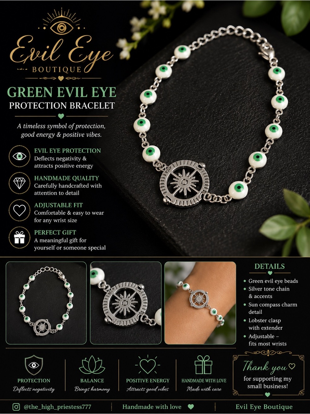 Green Evil Eye Protection Bracelet - Handmade Silver Chain